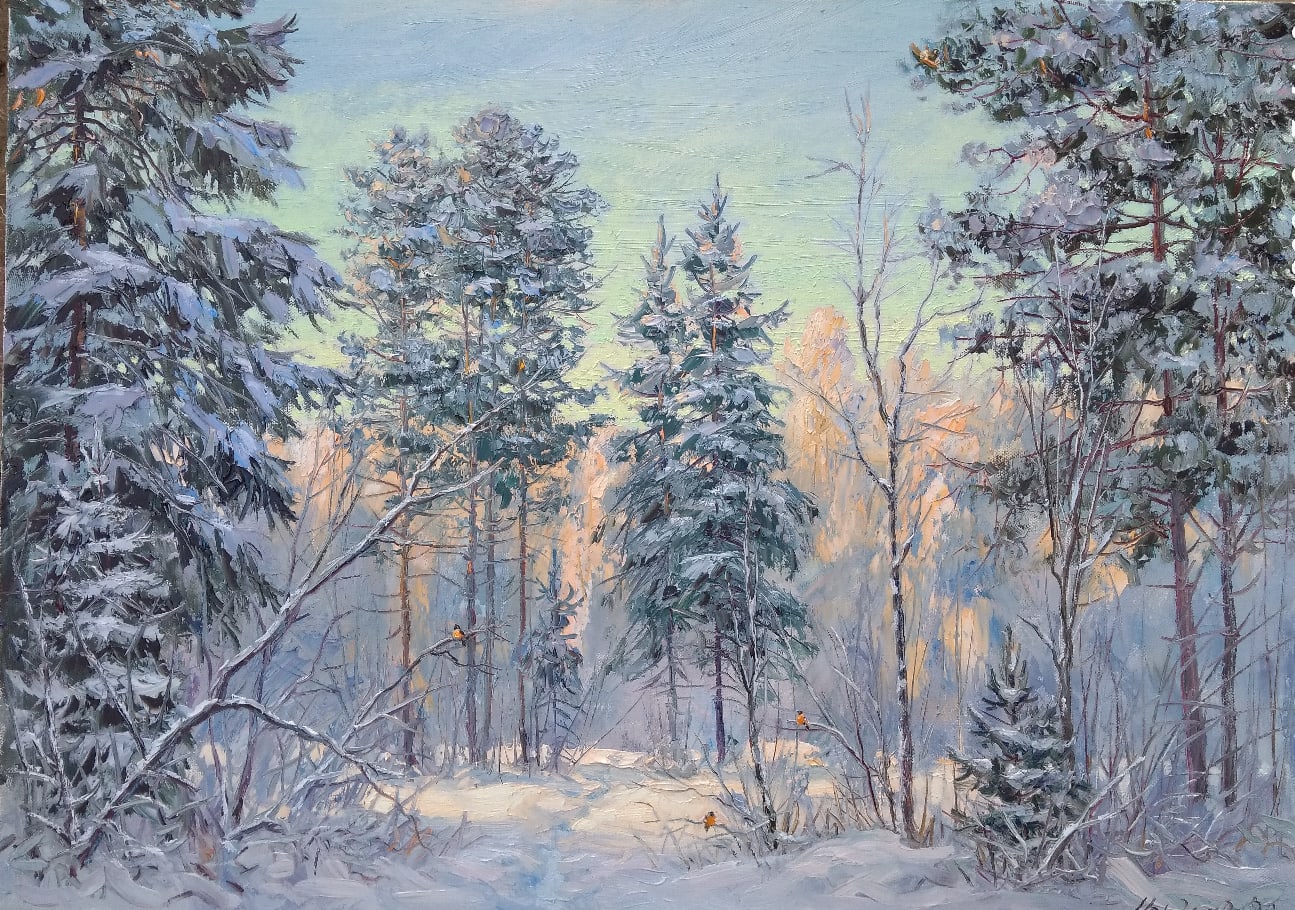 Зимний пейзаж со снегирями - 1, Вячеслав Чердаков, Купить картину Масло