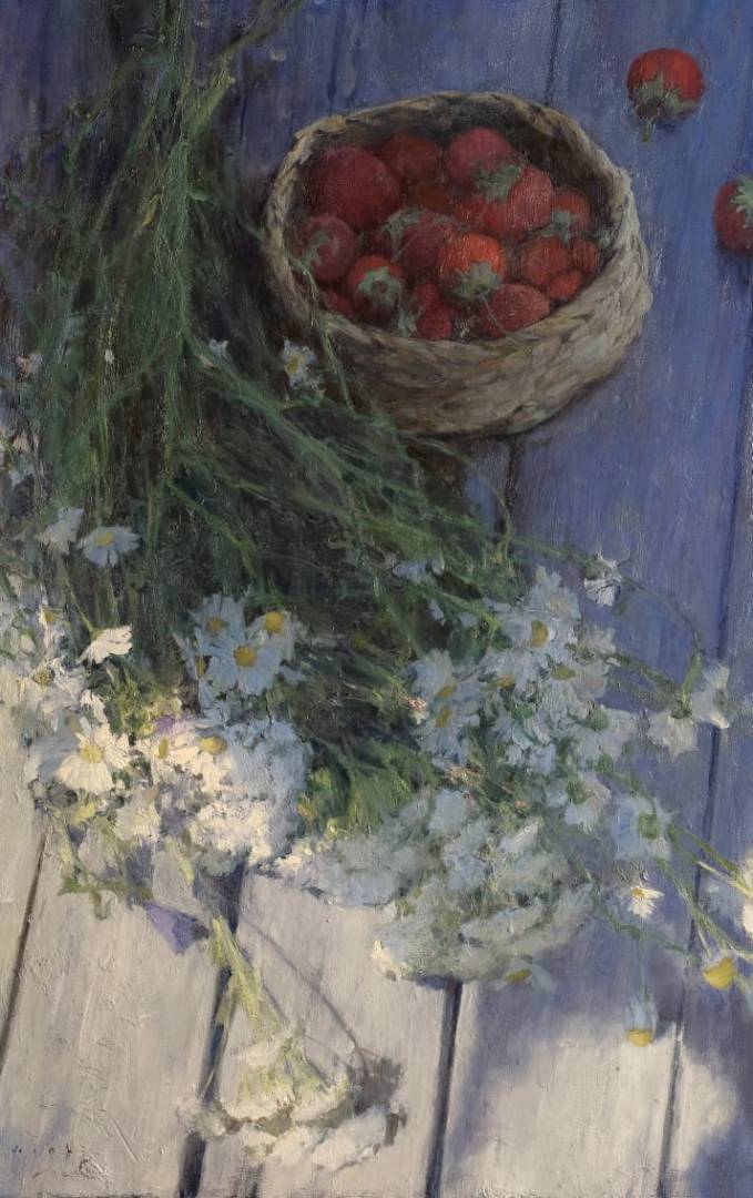 Ромашки и ягодки на столе  - 1, Владимир Кириллов , Купить картину Масло