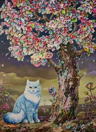 Портрет голубого кота с розовым деревом